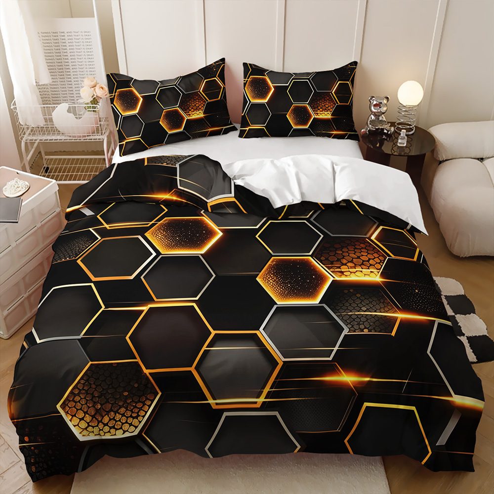 Black Gold Glow Honeycomb quilt cover set