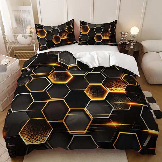 Black Gold Glow Honeycomb quilt cover set
