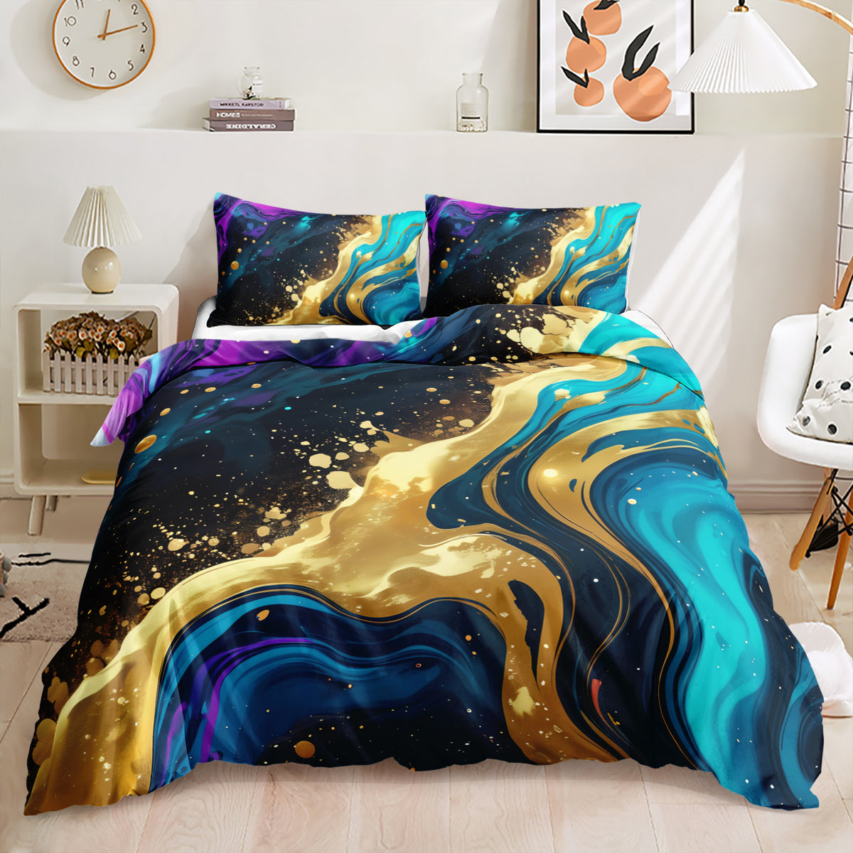 Black Turquoise and Gold Galaxy Marble quilt cover set