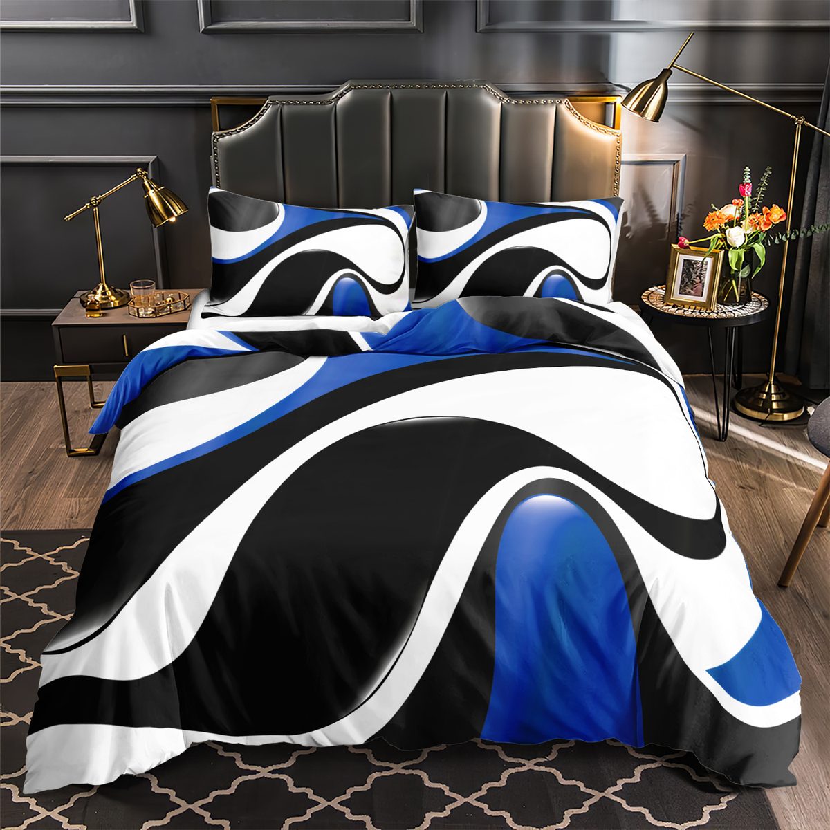 Black White and Blue Wave quilt cover set