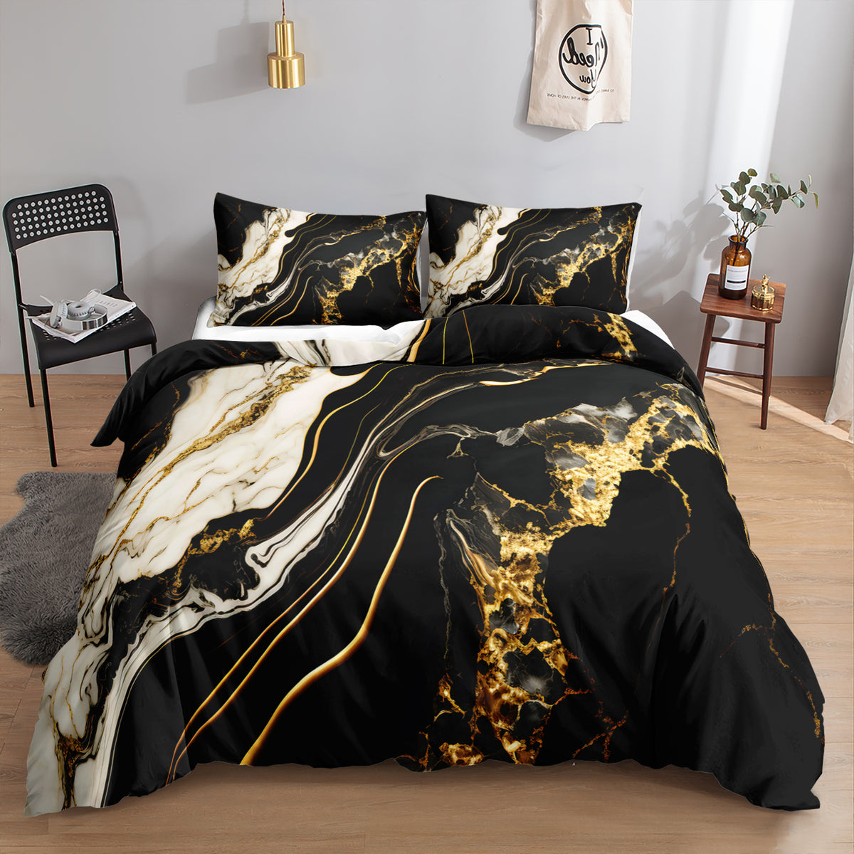 Black White and Gold Luxe Marble quilt cover set