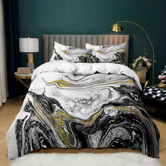 Black White and Gold Swirl Marble quilt cover set