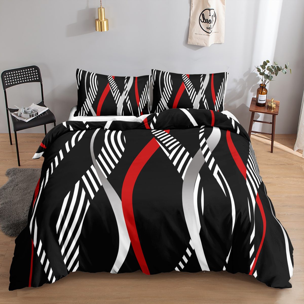 Black White and Red Wave Stripe quilt cover set