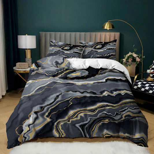 Charcoal and Gold Agate Marble quilt cover set