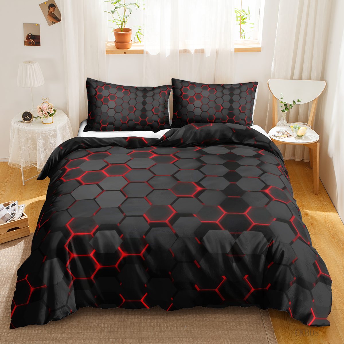 Charcoal Red Hexagon quilt cover set