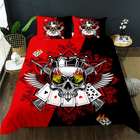 Crowned skull with flaming eyes and poker cards on a red and black quilt cover set