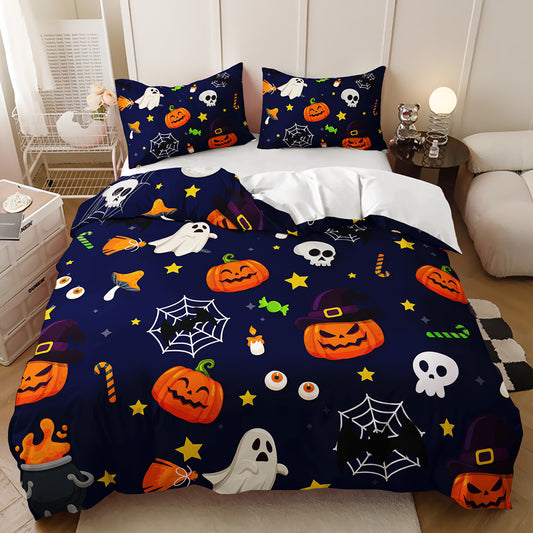 Navy Halloween pattern with pumpkins, ghosts, skulls and spiderwebs on a kids quilt cover set