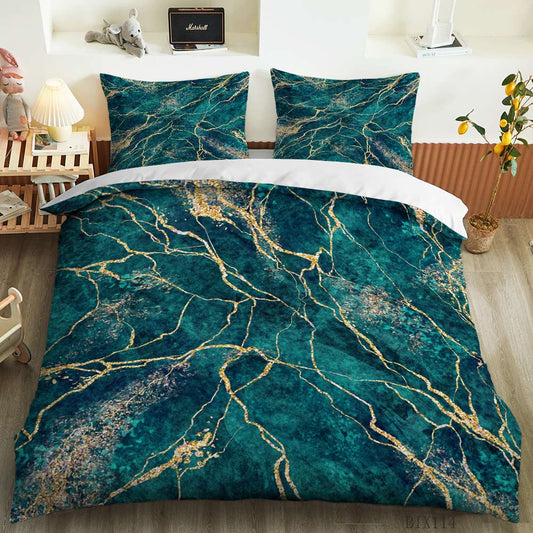 Deep Teal Gold Vein Marble quilt cover set