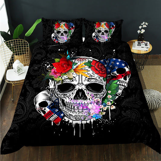 Floral sugar skull with roses and stars and stripes skulls on a black paisley quilt cover set
