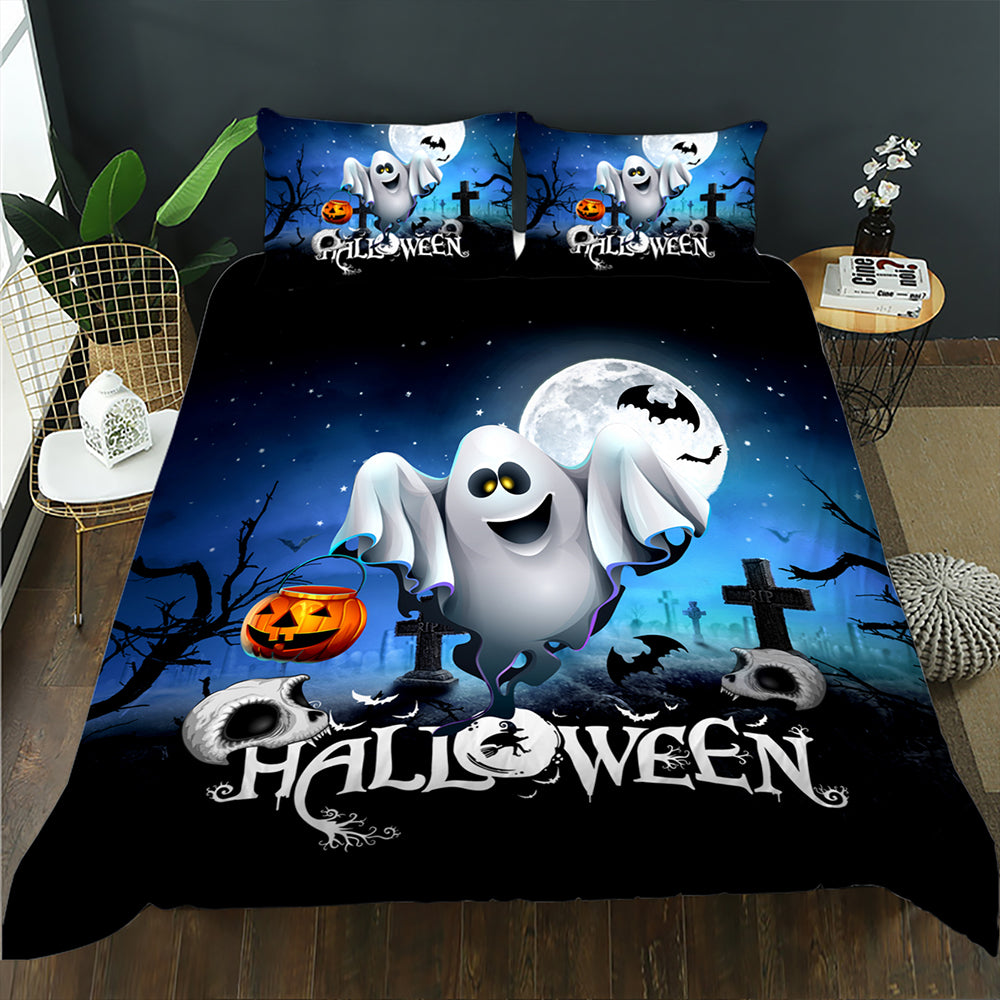 Smiling cartoon ghost with a pumpkin in a moonlit graveyard on a blue Halloween quilt cover set