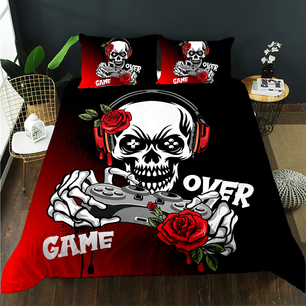 Skull with headphones holding a game controller with Game Over text on a red and black quilt cover set
