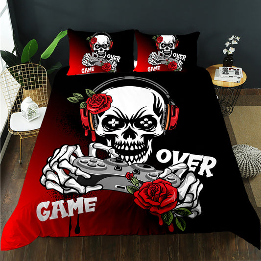 Skull with headphones holding a game controller with Game Over text on a red and black quilt cover set