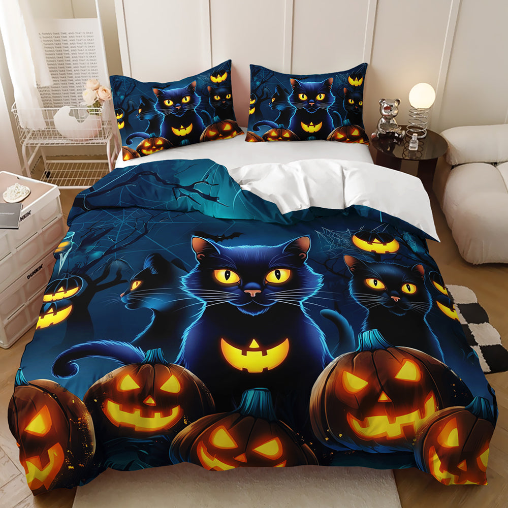 Three black cats with glowing eyes among carved pumpkins on a blue Halloween quilt cover set