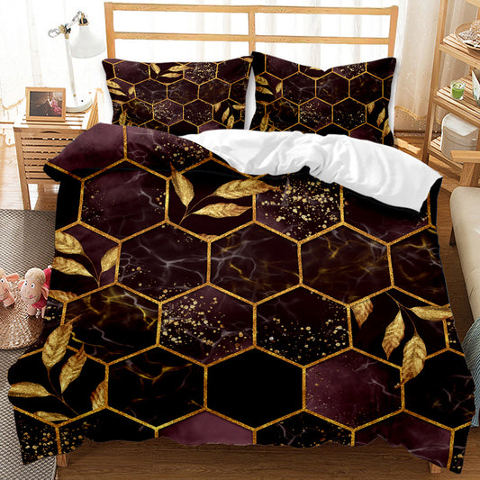 Gold Hexagon Marble quilt cover set in Burgundy Gold Leaf