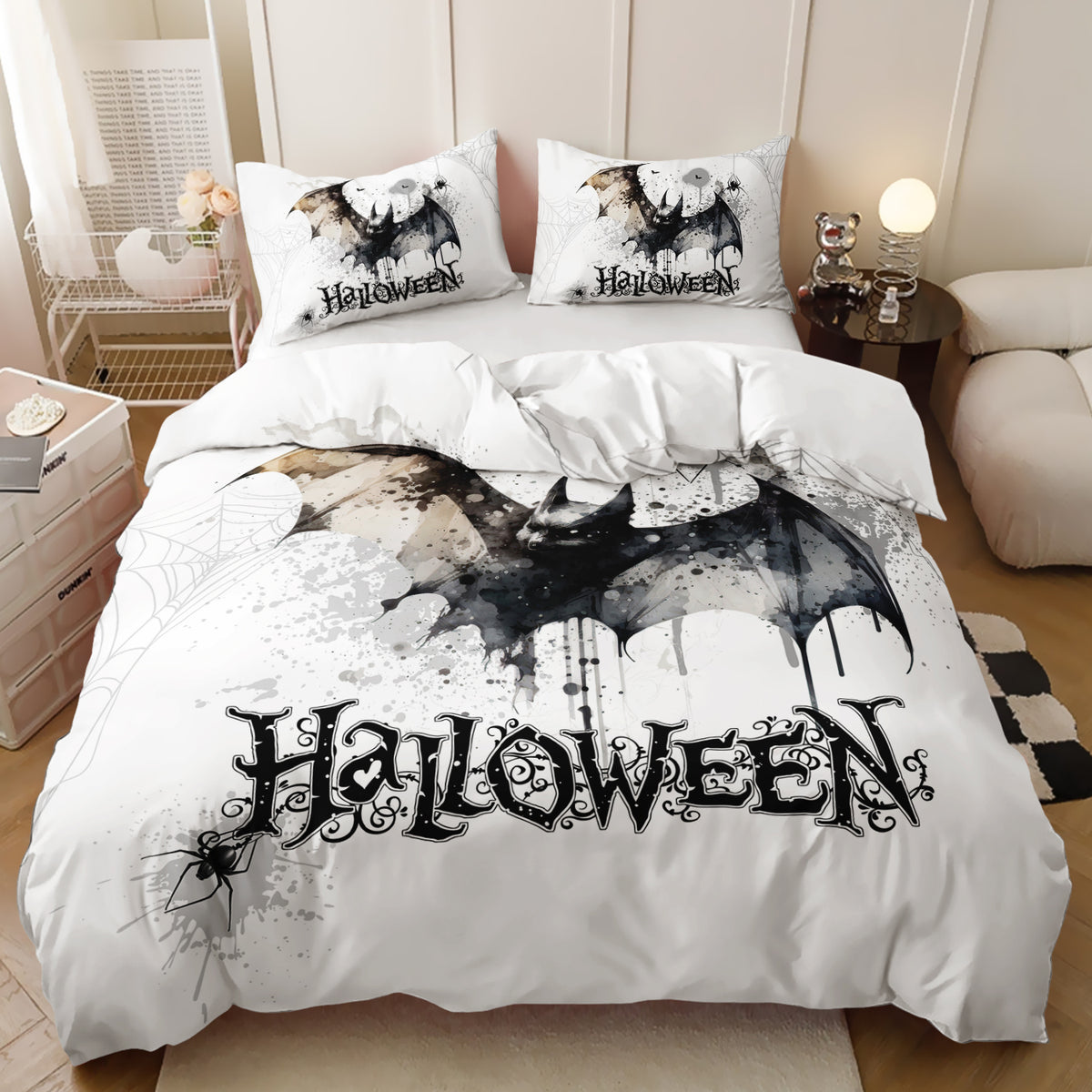 Black watercolour bat with gothic Halloween lettering on a white quilt cover set