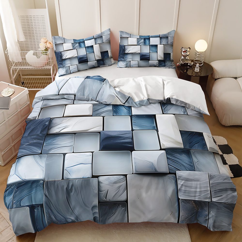 Grey 3D Blocks quilt cover set in Light Grey