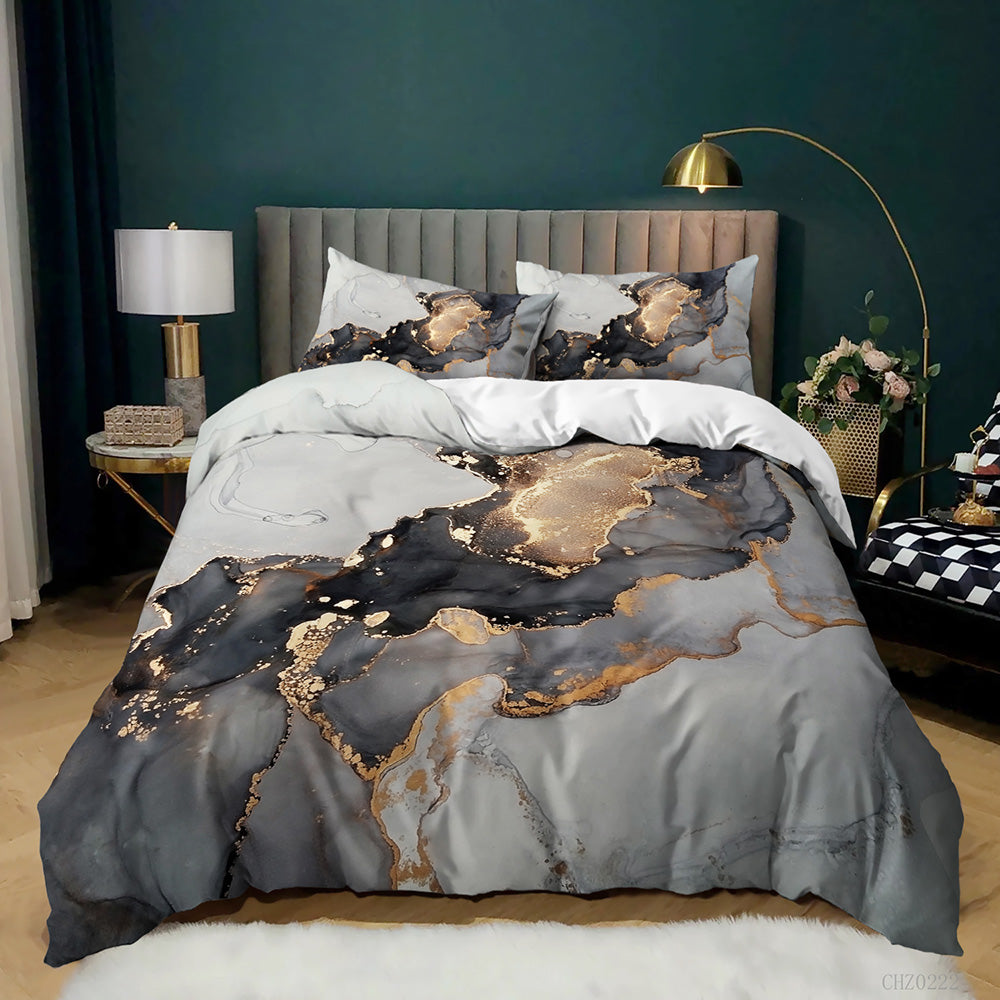 Grey and Charcoal Gold Marble quilt cover set