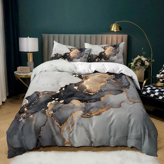 Grey and Charcoal Gold Marble quilt cover set