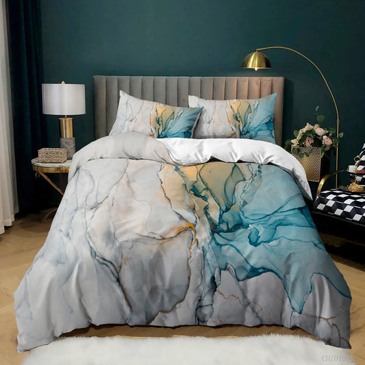 Grey and Teal Gold Vein Marble quilt cover set