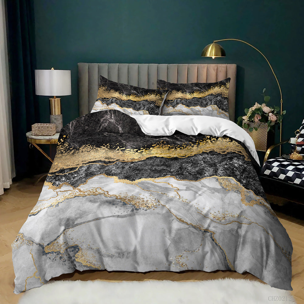 Grey Black and Gold Band Marble quilt cover set