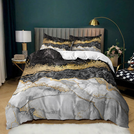 Grey Black and Gold Band Marble quilt cover set