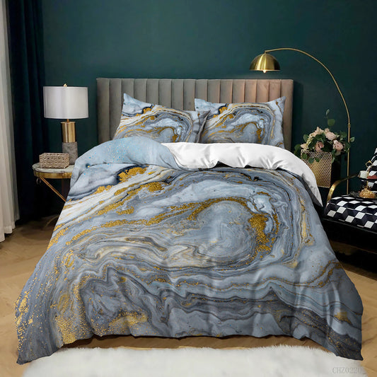 Grey Blue and Gold Swirl Marble quilt cover set