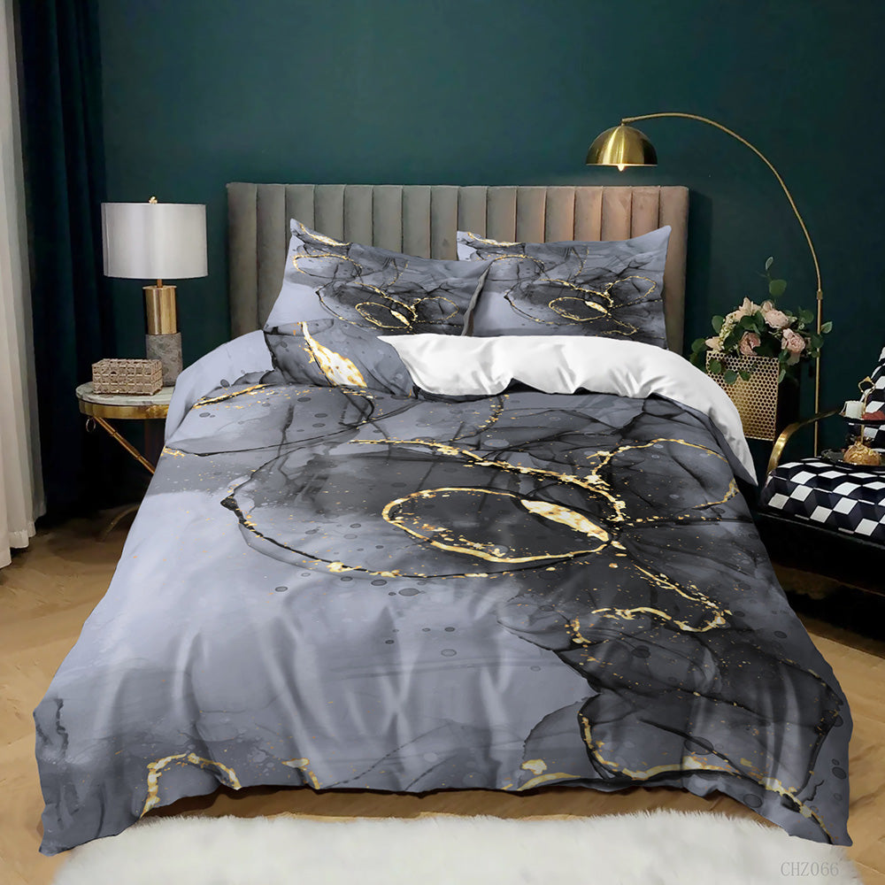 Grey Lilac Gold Ring Marble quilt cover set