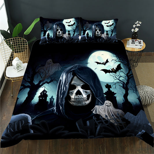 Hooded grim reaper skull in a moonlit graveyard with ghosts and bats on a dark quilt cover set