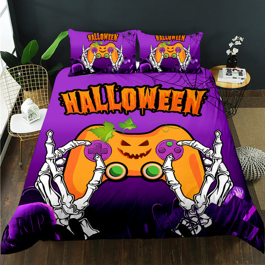 Skeleton hands holding a pumpkin game controller on a purple Halloween quilt cover set