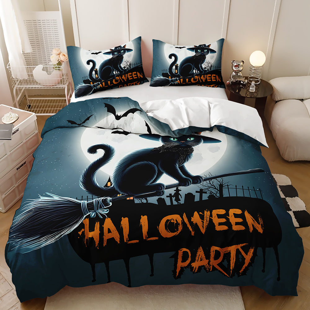 Black cat in a witch hat riding a broomstick past a full moon with Halloween Party text on a quilt cover set