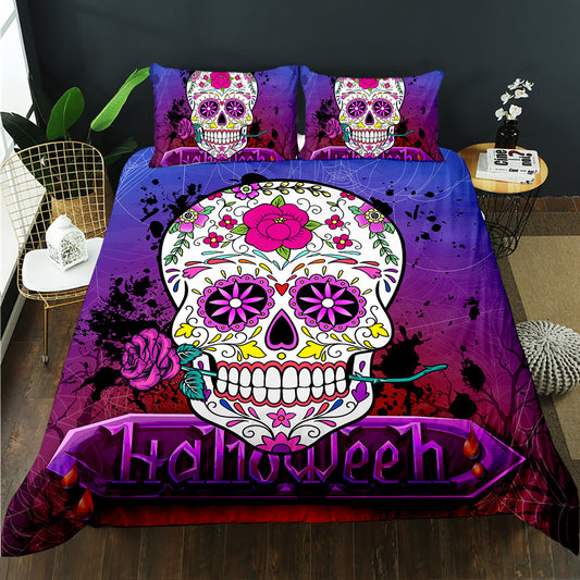 Sugar skull with a pink rose and Halloween banner on a purple and red quilt cover set