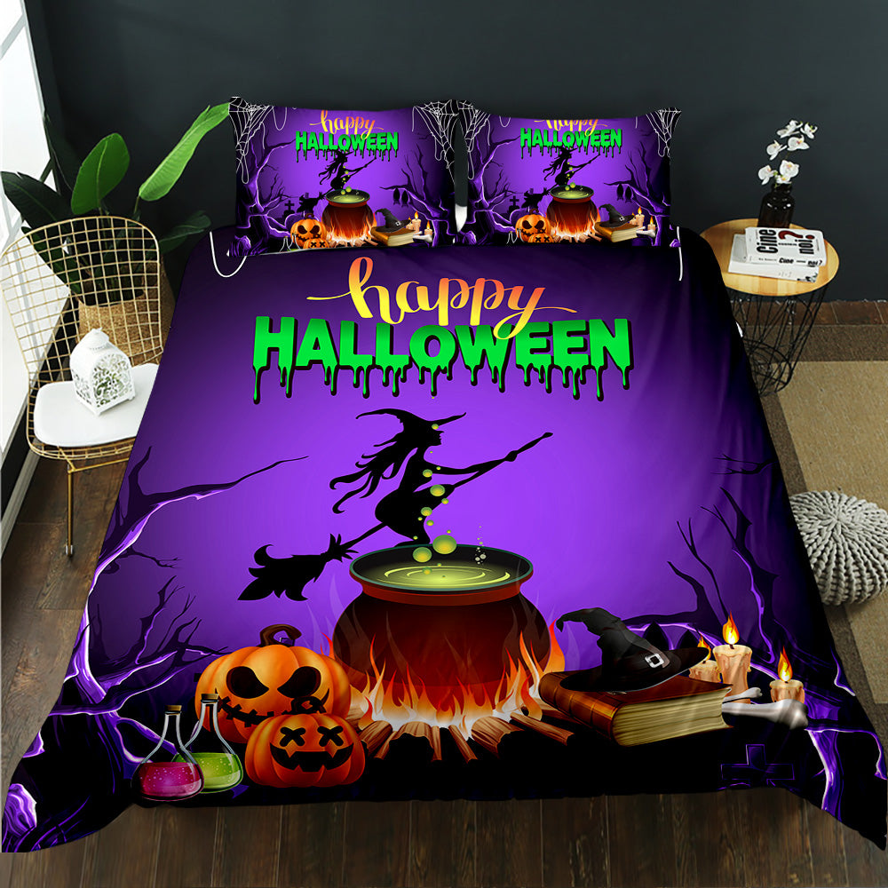 Witch on a broomstick over a bubbling cauldron with pumpkins on a purple Halloween quilt cover set
