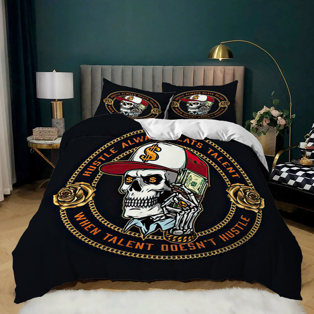 Skull in cap with cash and gold roses inside a Hustle Beats Talent slogan on a black quilt cover set