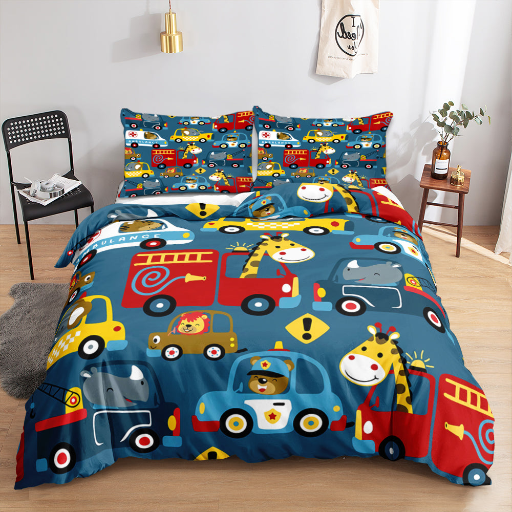Animals driving a fire truck, police car and taxi on a blue kids quilt cover set