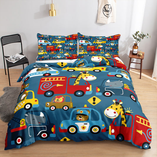 Animals driving a fire truck, police car and taxi on a blue kids quilt cover set