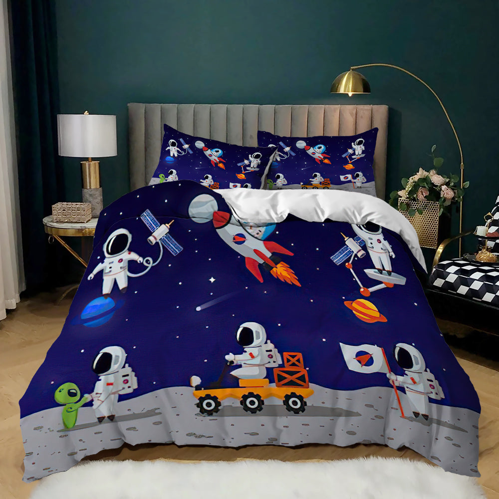 Astronauts on the moon with a moon buggy and rocket on a navy kids quilt cover set