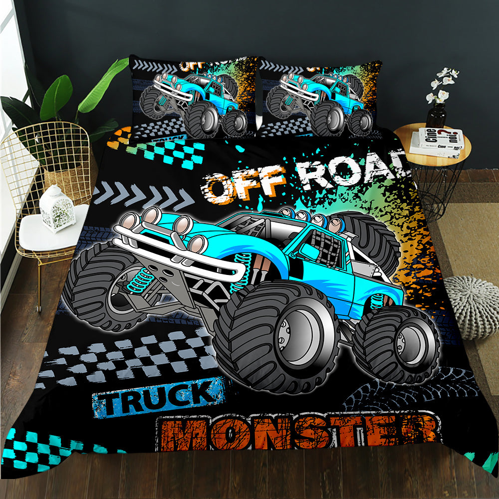 Blue monster truck with Off Road lettering and chequered flags on a black kids quilt cover set