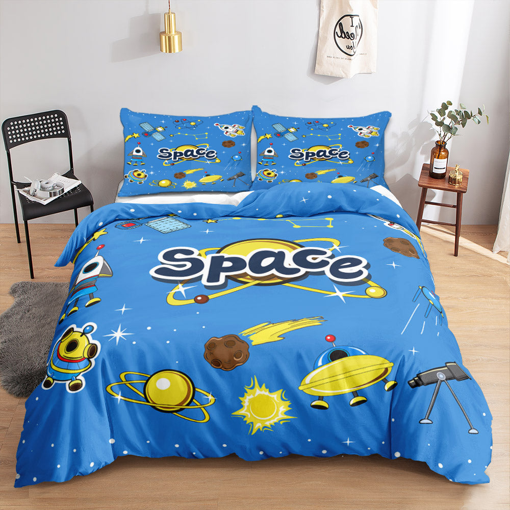 Space lettering with yellow planets, sun and UFO on a bright blue kids quilt cover set