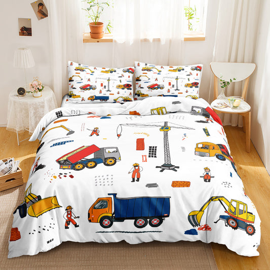 Builders with a tower crane, tip truck and excavator on a white kids quilt cover set