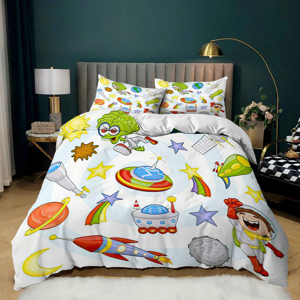 Cartoon astronaut, green alien and UFOs with rockets on a white kids space quilt cover set