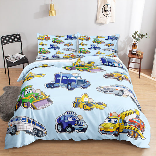 Smiling cartoon cars, trucks and bus on a pale blue kids quilt cover set