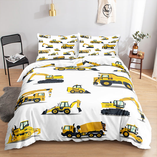 Yellow diggers, dump trucks and cement mixer on a white kids quilt cover set