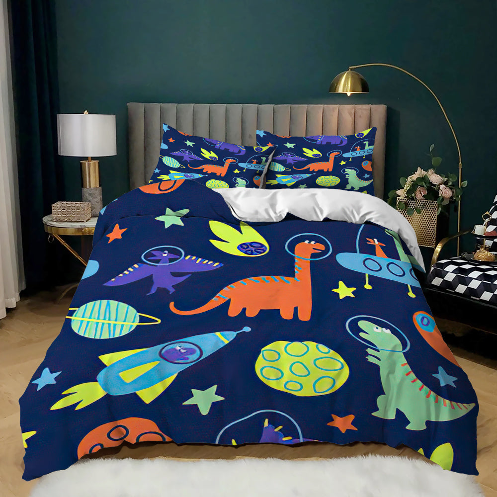 Dinosaurs in space helmets with rockets and planets on a navy kids quilt cover set
