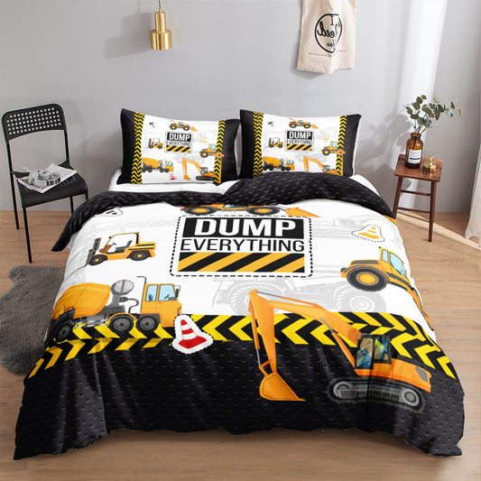 Excavator and cement mixer with Dump Everything sign and hazard stripes on a kids quilt cover set