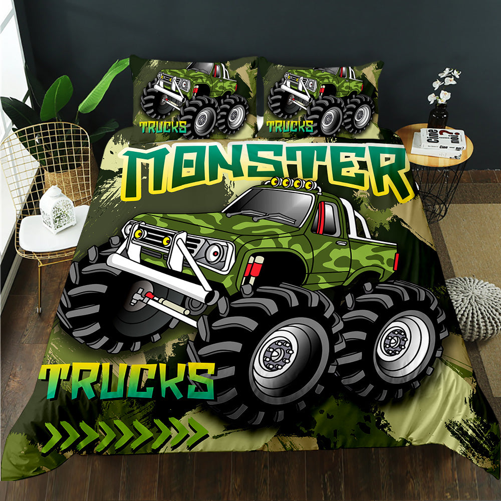 Green camo monster truck with Monster Trucks lettering on a kids quilt cover set