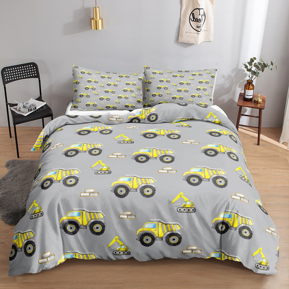 Yellow dump trucks and mini excavators pattern on a grey kids quilt cover set