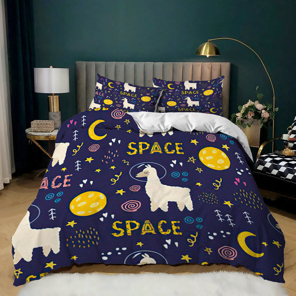 Fluffy llama with yellow moons and SPACE lettering on a navy kids quilt cover set