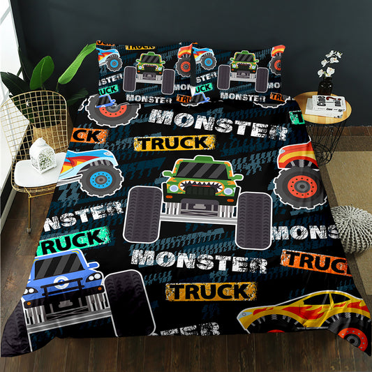 Monster trucks and flaming hot rods collage on a dark kids quilt cover set
