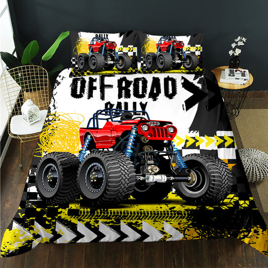 Red monster truck with Off Road Rally lettering on a black and yellow kids quilt cover set