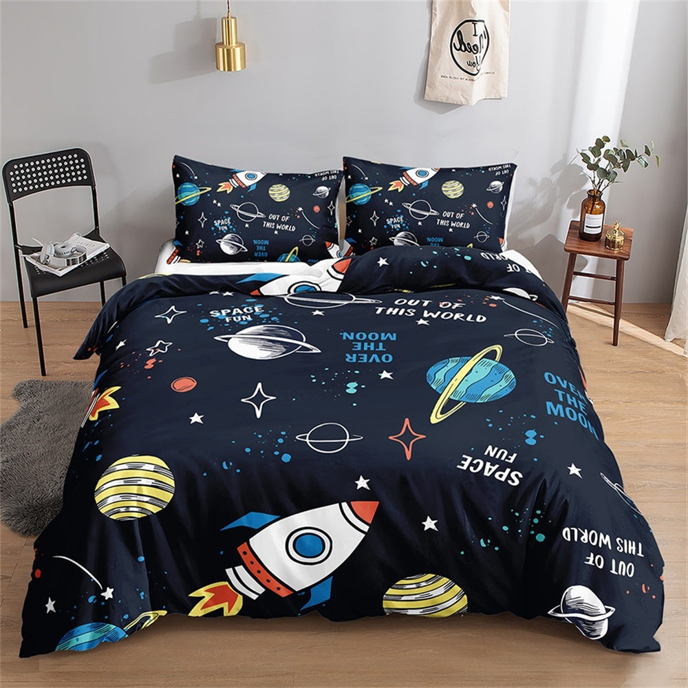 White rocket and colourful planets with Out of This World text on a black kids quilt cover set